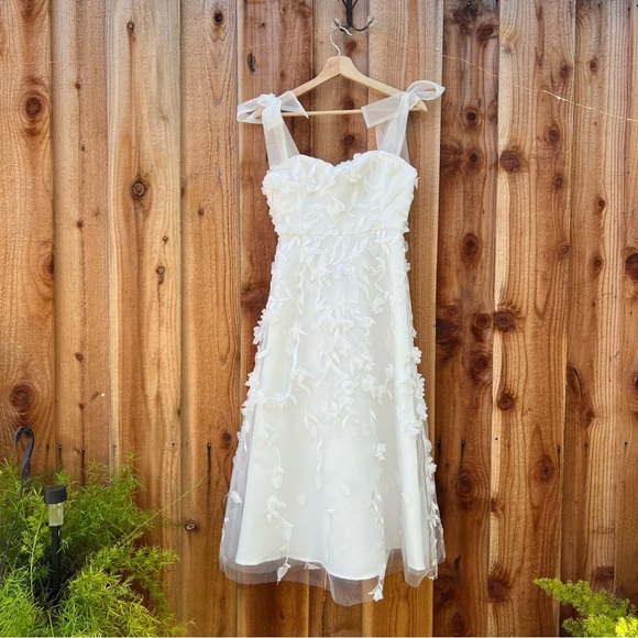 White Tulle 3D Floral Tie-Strap Bow Midi Dress - Picture 6 of 10
